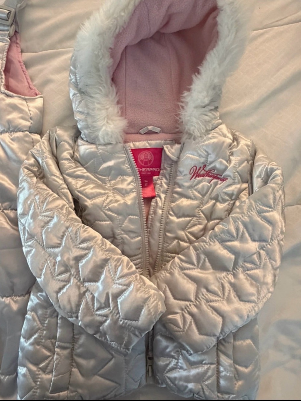 Weatherproof Kids Silver Metallic Puffer Jacket with Faux Fur Hood